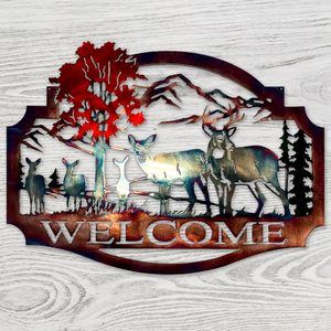 Metal Deer Wall Decor Welcome Forest Deer Mountain Metal Wall Art Rustic Cabin🦄
